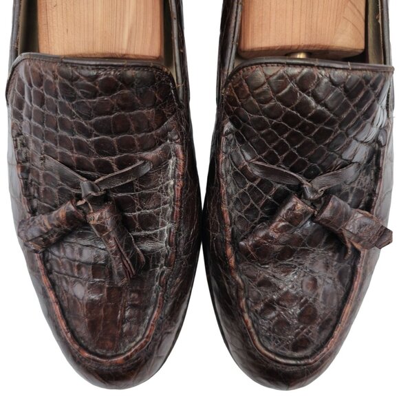 Vintage Exotic Crocodile by Paris Shoes Mens 10D Custom Made Brown Dress Loafers - Picture 4 of 12